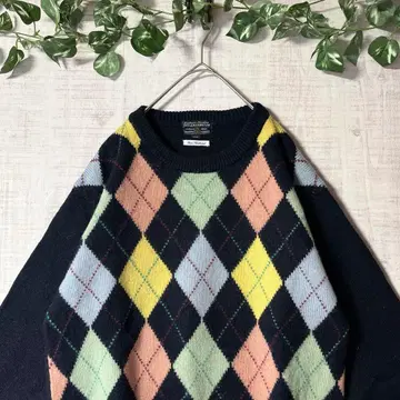 아가일 무늬 니트 스웨터 셰틀랜드 퓨어 울 네이비 컬러풀 L
