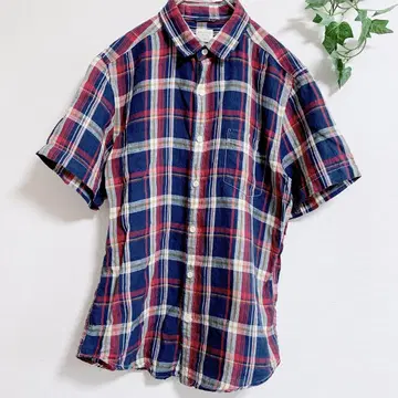 백넘버 [ L ] 마드라스 체크 셔츠 반팔 린넨 100% 라이트온