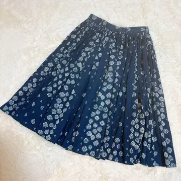 레어 45rpm 인디고 볼륨 개더 스커트 네이비 나염 꽃무늬 데님