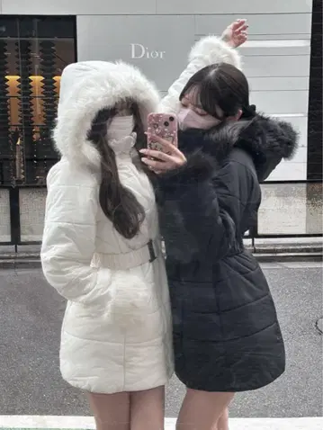 GRL 벨트 포함 퍼 다운 코트 블랙 S 사이즈