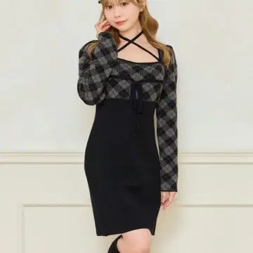 apres jour 크로스 리본 니트 미니 원피스