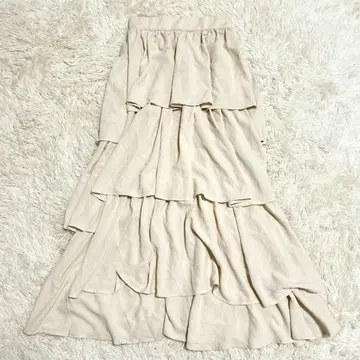 프릴 티어드 롱 스커트 (M) 세탁 가능 허리밴딩 페미닌 아이보리