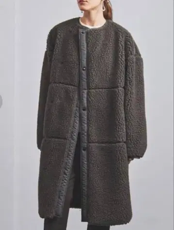 하이크 보아 롱 코트 카키 버튼 빠짐 노카라 캐주얼 플리스