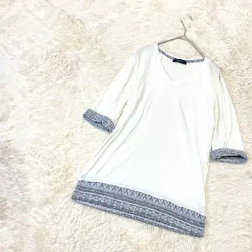 레이지블루 7부 소매 티셔츠 상의 면 혼방 자카드 무늬 절개 캐주얼