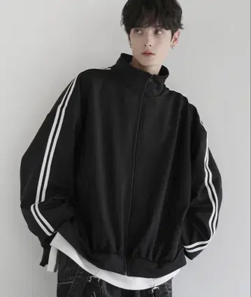 루즈 실루엣 벌룬 슬리브 페이크 서스펜더 드레이프 트랙 자켓