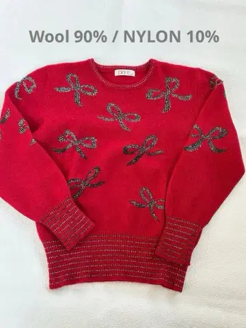 빈티지 리본 모티브 울 빨간 니트 스웨터 크리스마스 홀리데이
