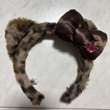 레오파드 무늬 퍼 리본 머리띠