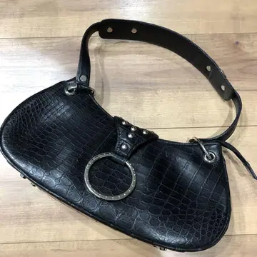 크로커다일풍 원 숄더백 실버 금장 장식 스터드 블랙