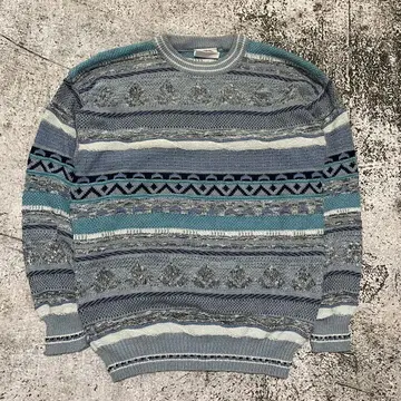 니트 스웨터 블루 노르딕 가로 스트라이프 면 50% 그런지