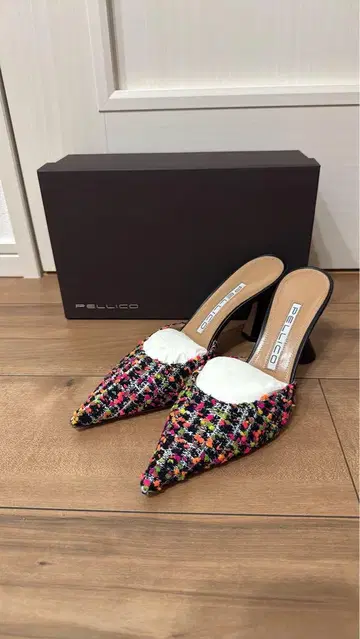 새상품 펠리코 PELLICO 트위드 플레어 힐 뮬 잡지 게재 완판 38