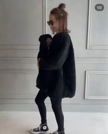 블랙 플리스 보아 후드 부착 자켓