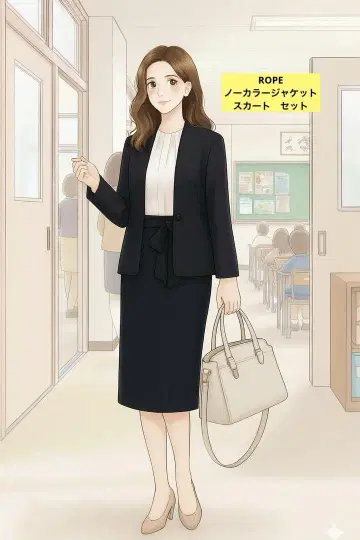 [ROPE] 블랙 노카라 자켓과 스커트 세트