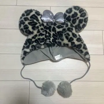 레오파드 무늬 미키풍 플리스 모자