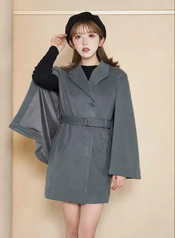 다리치 부클 케이프 원피스 자켓 다크 그린