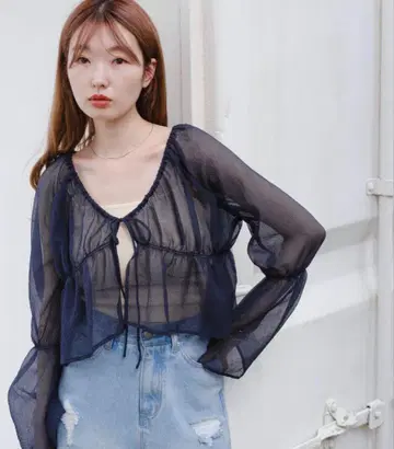 네이비 시스루 셔츠 프론트 리본