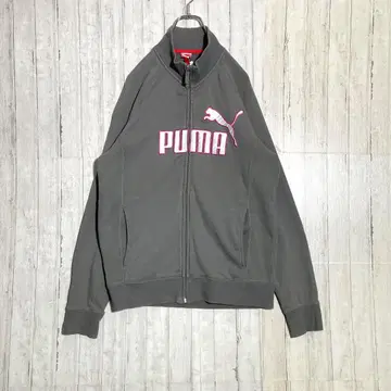 PUMA 빅 로고 래글런 소매 맨투맨 지퍼 자켓 그레이 핑크