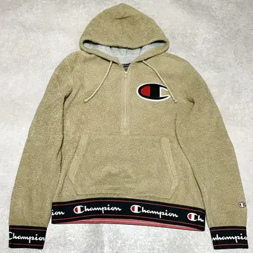 Champion 보아 플리스 하프 지퍼 후드티 베이지 빅 로고 XL