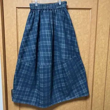 블루 계열 체크 플레어 롱 스커트