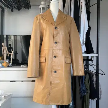 tornado mart 천연 가죽 카멜색 가죽 체스터 코트
