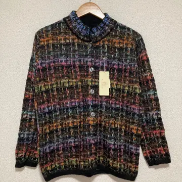 멀티 컬러 스트라이프 니트 가디건 울 모헤어 스탠드 카라 블랙 L