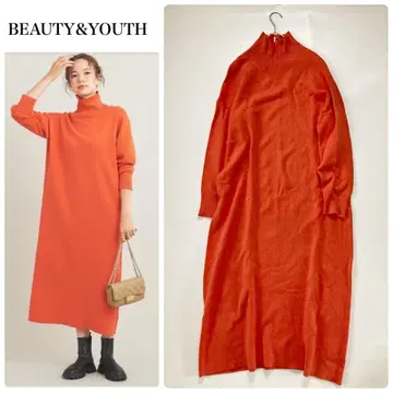 BEAUTY&YOUTH 밀라노 리브 터틀넥 니트 원피스 오렌지