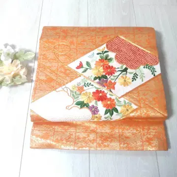 나고야 오비 오렌지 바탕 주황 골드 마름모 꽃 고져스 화려한 기모노에