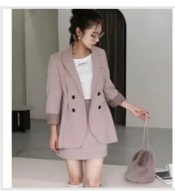 로얄 파티 베이지 더블 브레스트 자켓 스커트 셋업
