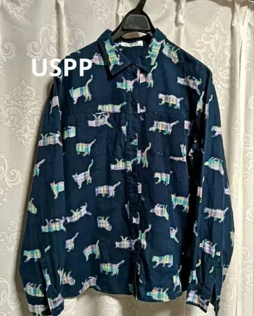 네이비 고양이 패턴 코튼 긴팔 셔츠