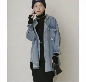 라운지 드레스 빅 데님 셔츠 데미지 데님 셔츠