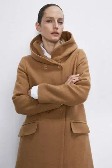ZARA 카멜 후드 부착 더블 브레스트 코트