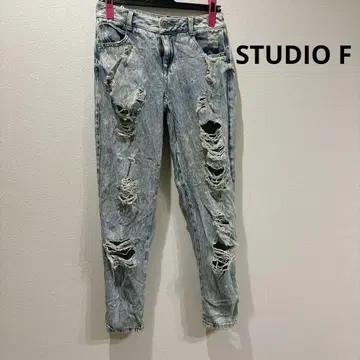 STUDIO F 데미지 가공 데님 팬츠 라이트 블루 청바지 귀여운