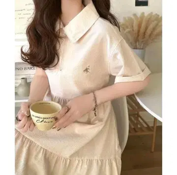 베이지 아이보리 폴로 셔츠 스타일 반팔 롱 원피스