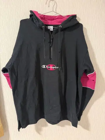 Champion 하프 집업 후드티 L 블랙/핑크