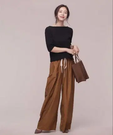 새상품 나노 유니버스 하이웨스트 와이드 팬츠 린넨 리본 포함 38 브라운