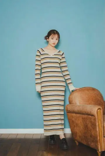 pinue 피누에 멀티 보더 니트 원피스 베이지 타쿠보 카린