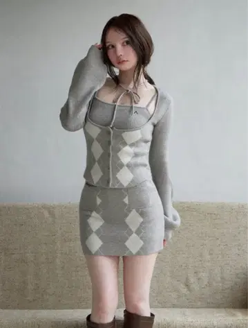 andmary argyle ribbon knit set up gray