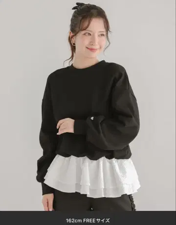 핏모어 밑단 프릴 자카드 도킹 맨투맨 블랙 프리 사이즈
