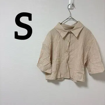 [ S ] 다운 블라우스 베이지 반팔 셔츠 크롭 기장 주름 가공 박시