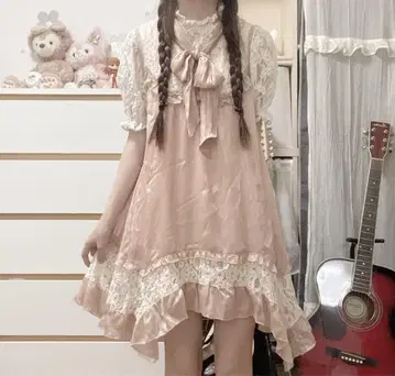 모리걸 레트로 레이스 프릴 비대칭 리본 튜닉