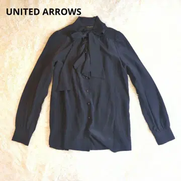 UNITED ARROWS 네이비 리본 블라우스 실크 100%