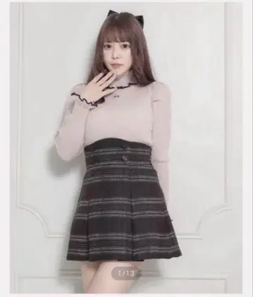 pium 체크 무늬 하이웨스트 턱 플레어 스커트