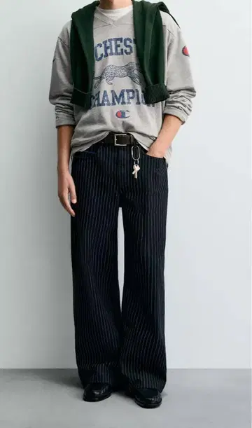 ZARA x Champion 스트라이프 배기 핏 청바지 EU42 JP32