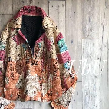 올드 UbU 올 패턴 퀼팅 자켓 주름 가공 플리츠 블루종