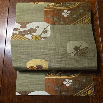 나고야 오비 올리브 그린 풀떡 말차 꽃무늬 순수 실크