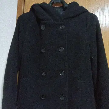 블랙 후드 부착 더블 브레스트 피 코트