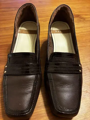 천연 가죽 로퍼 펌프스 브라운 24cm 스퀘어토
