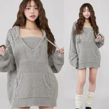 케이블 DD 로고 V넥 니트 후디 다리치 그레이
