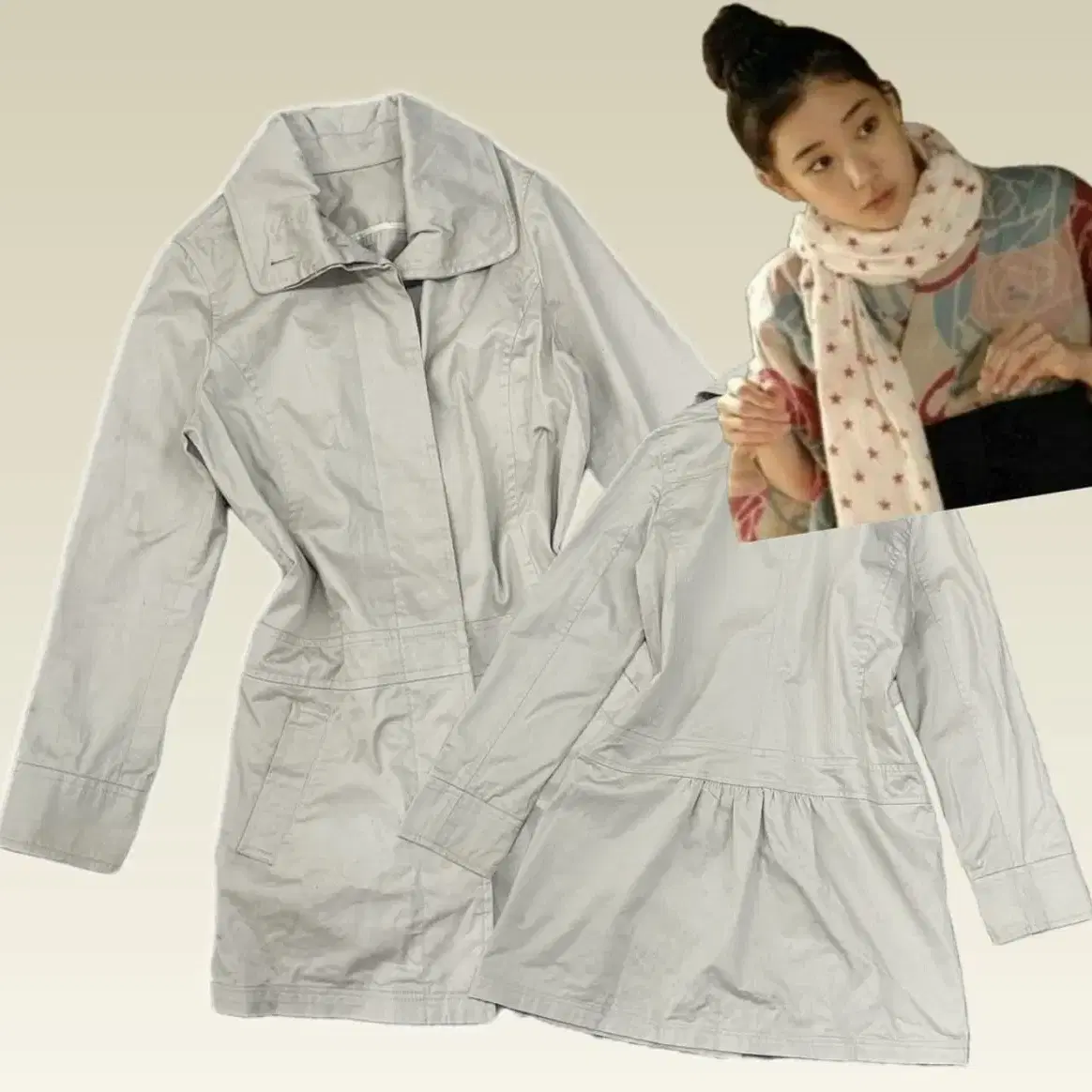 Japanese Vintage Grove Beige Women's Gaeul Back Pleat Detail Midi Trench Coat