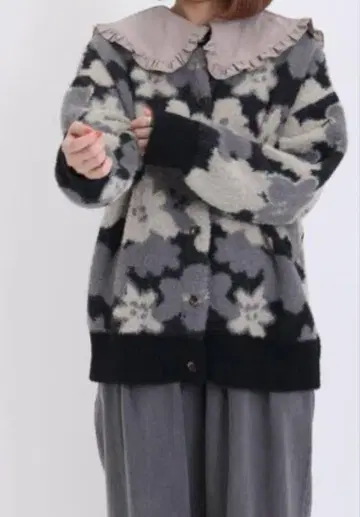 꽃무늬/무지 샤기 크루넥 가디건 블랙 택 포함 새상품
