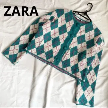 [ ZARA ] 아가일 무늬 니트 가디건 크루넥 그린 여성빈티지